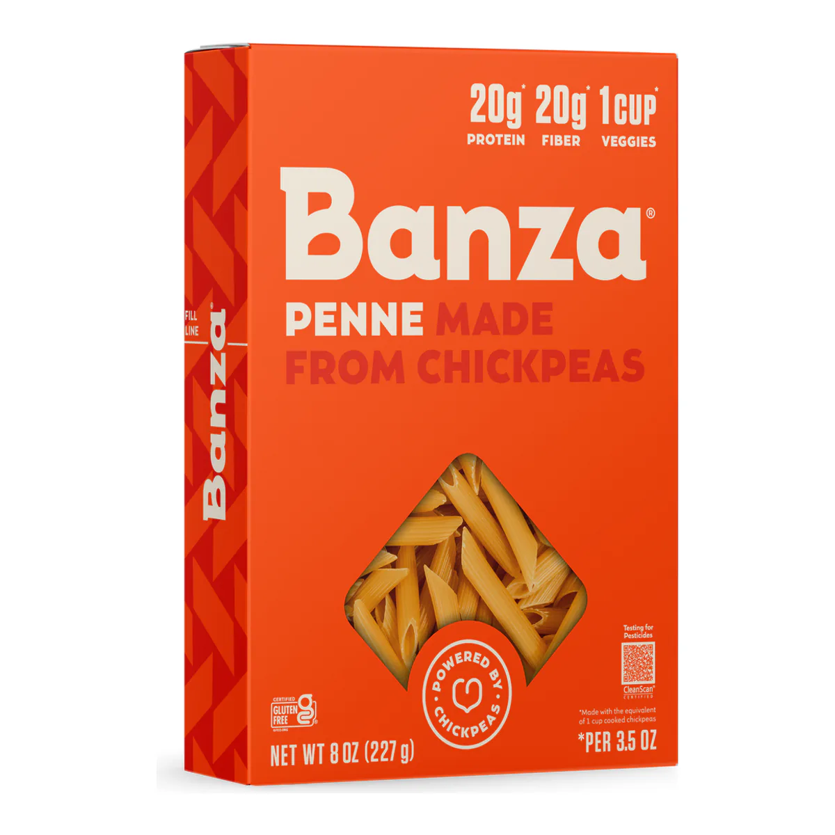 Banza Chickpea Penne box, a gluten free high protein pasta made from chickpeas with 11 g of fiber per serving