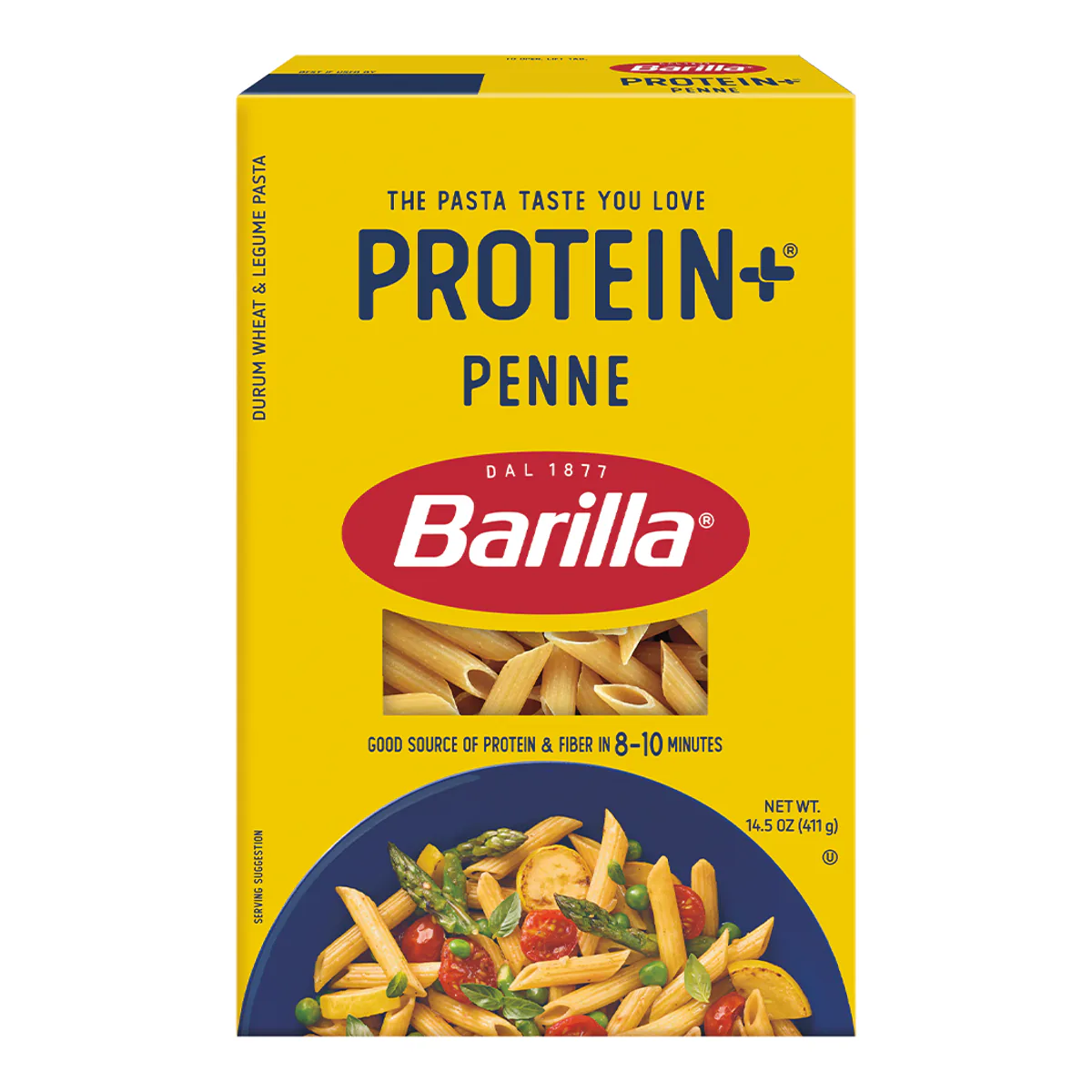 Barilla Protein+ Penne box, durum wheat pasta with lentil, chickpea and pea protein for a higher protein pasta