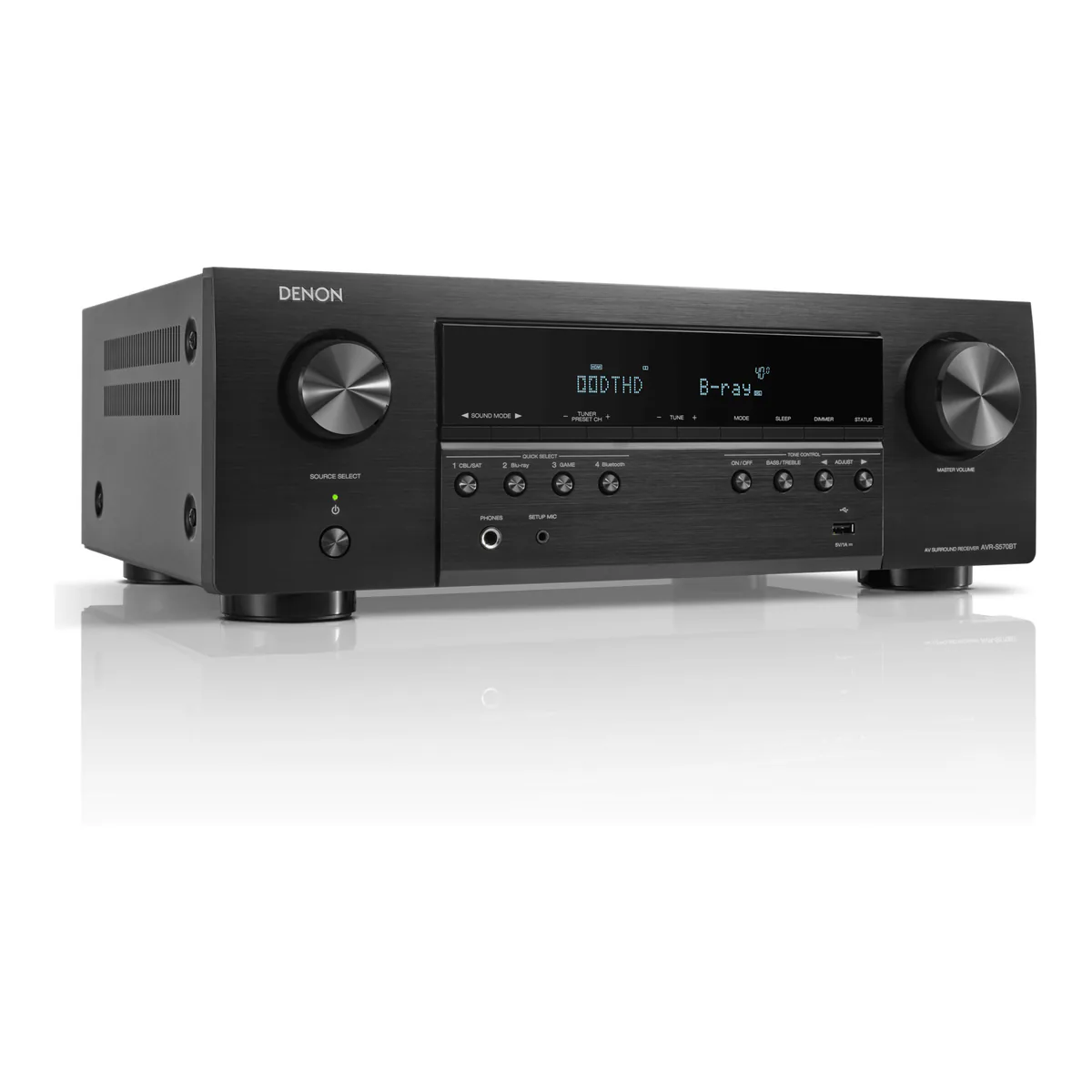 Denon AVR-S570BT 5.2 channel AV receiver front panel with source select and master volume dials