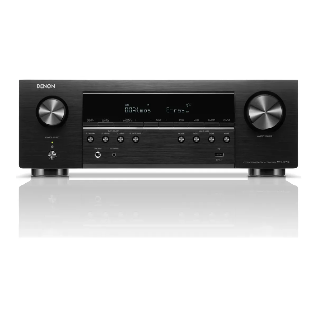 Denon AVR-S770H 7.2 channel home theater receiver front panel showing Dolby Atmos on the display