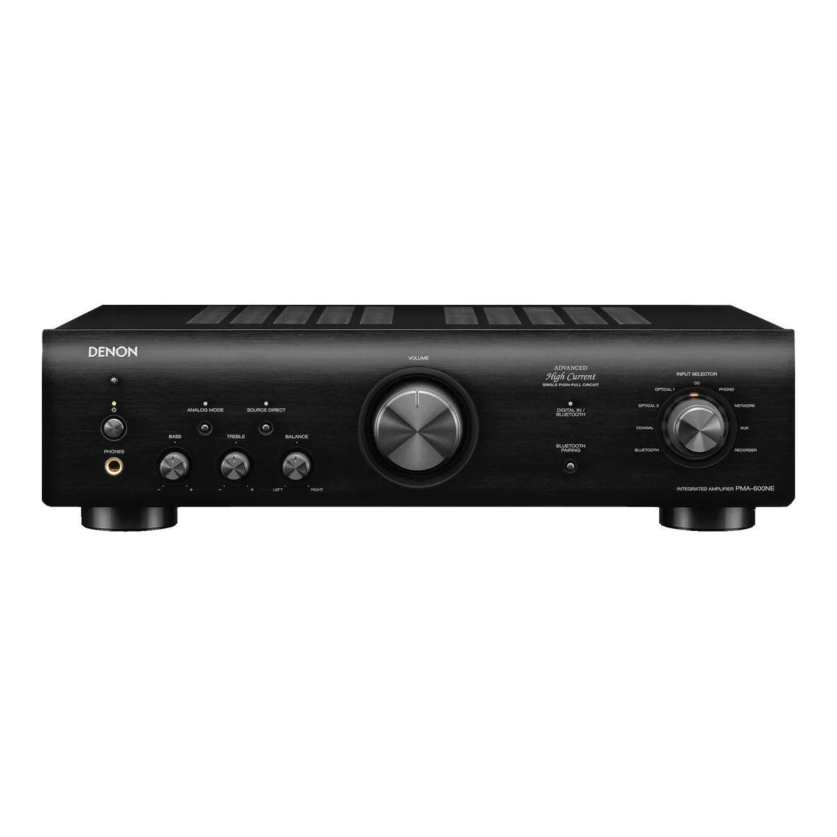 Denon PMA-600NE integrated amplifier front panel with phono on the input selector and a 6.3mm headphone jack
