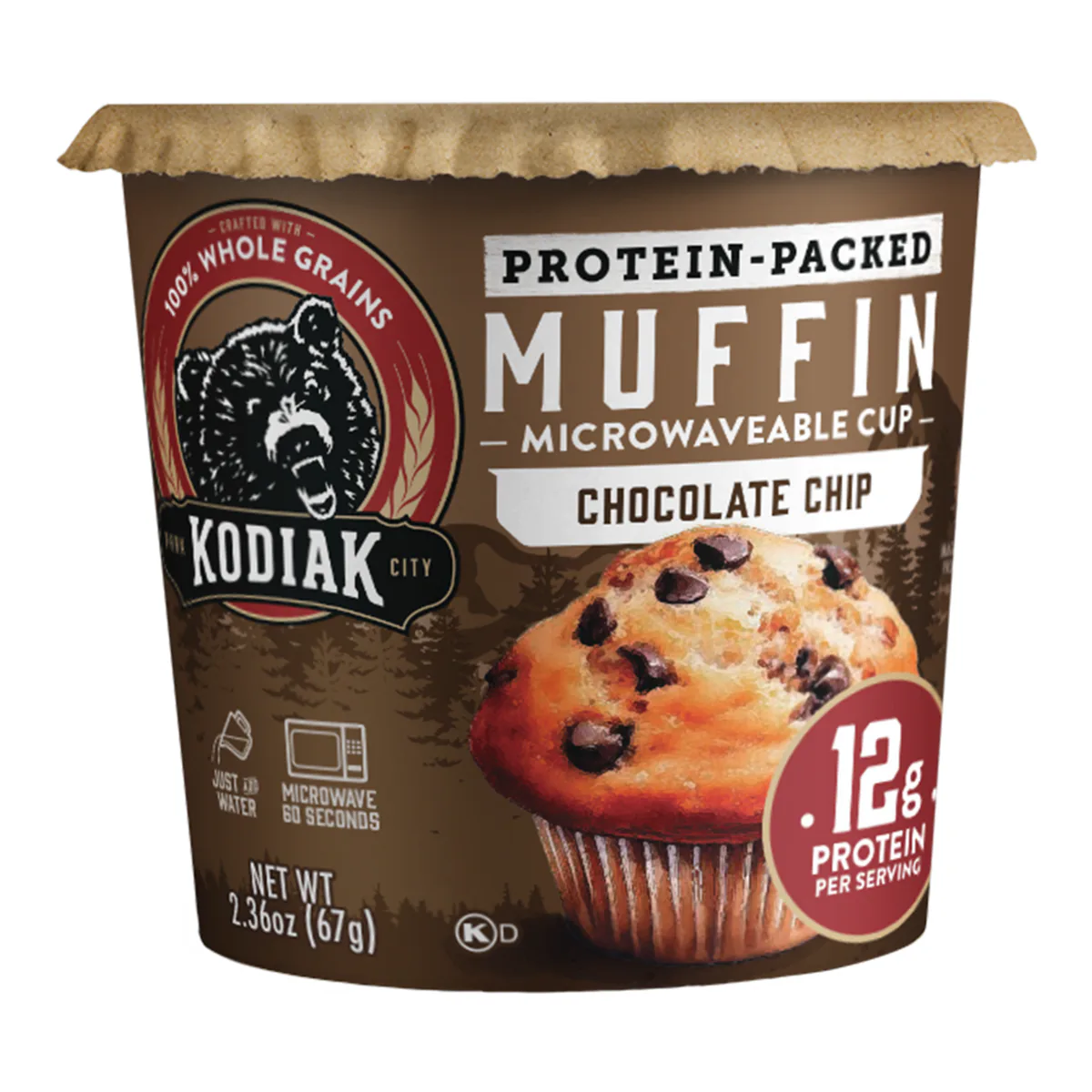 Kodiak Cakes chocolate chip Minute Muffin cup, a microwaveable whole grain muffin with 12 g of protein