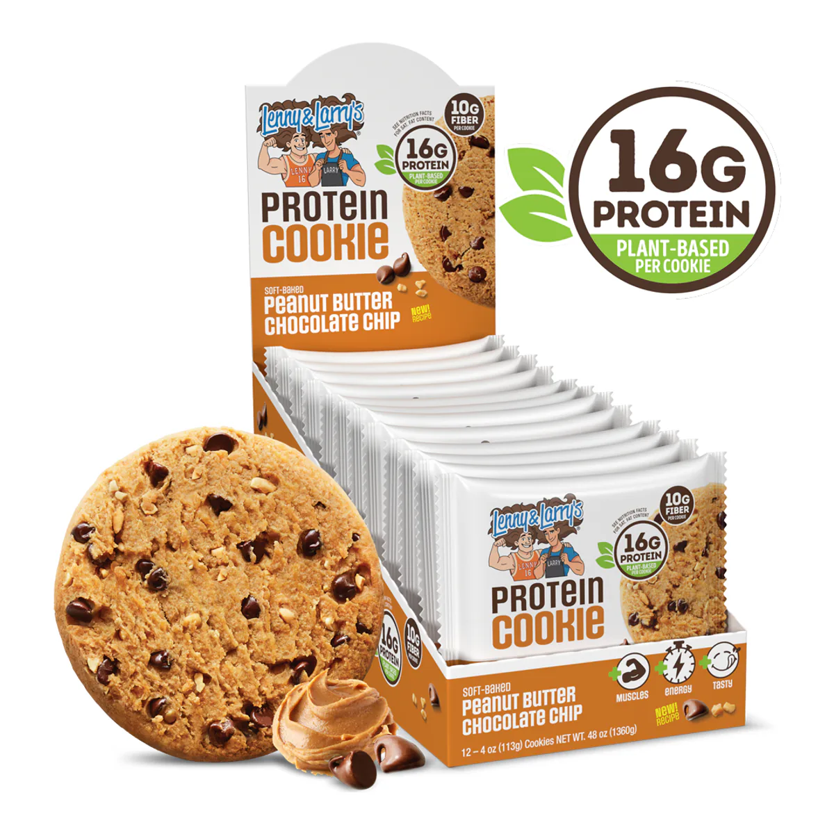 Lenny and Larrys peanut butter chocolate chip protein cookie, 12 count box of 4 oz soft baked vegan cookies
