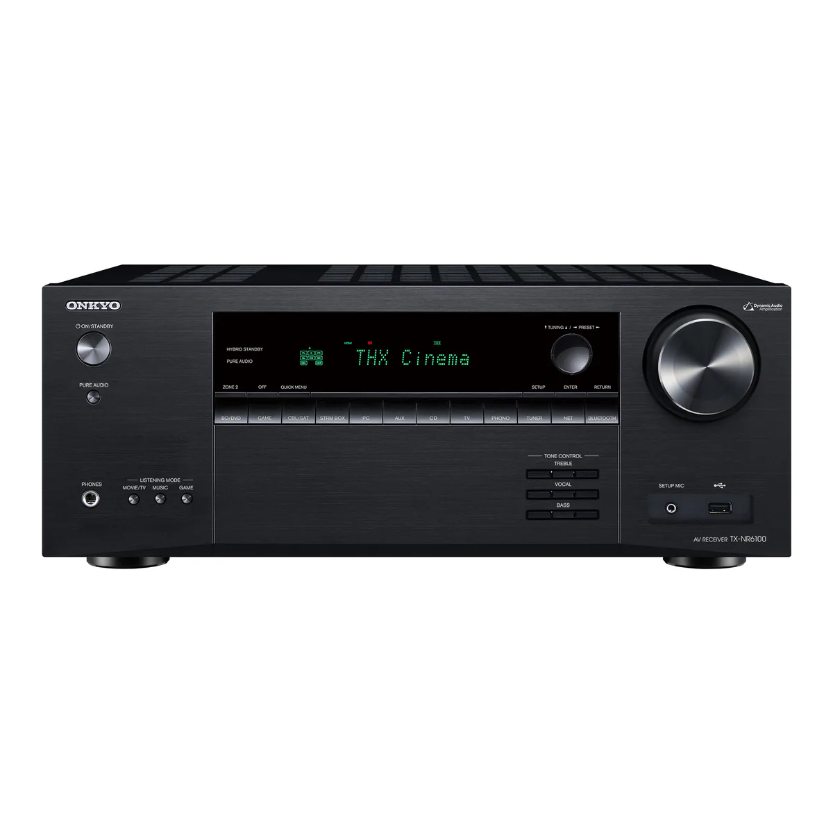 Onkyo TX-NR6100 7.2 channel THX certified AV receiver front panel with a row of source buttons including phono