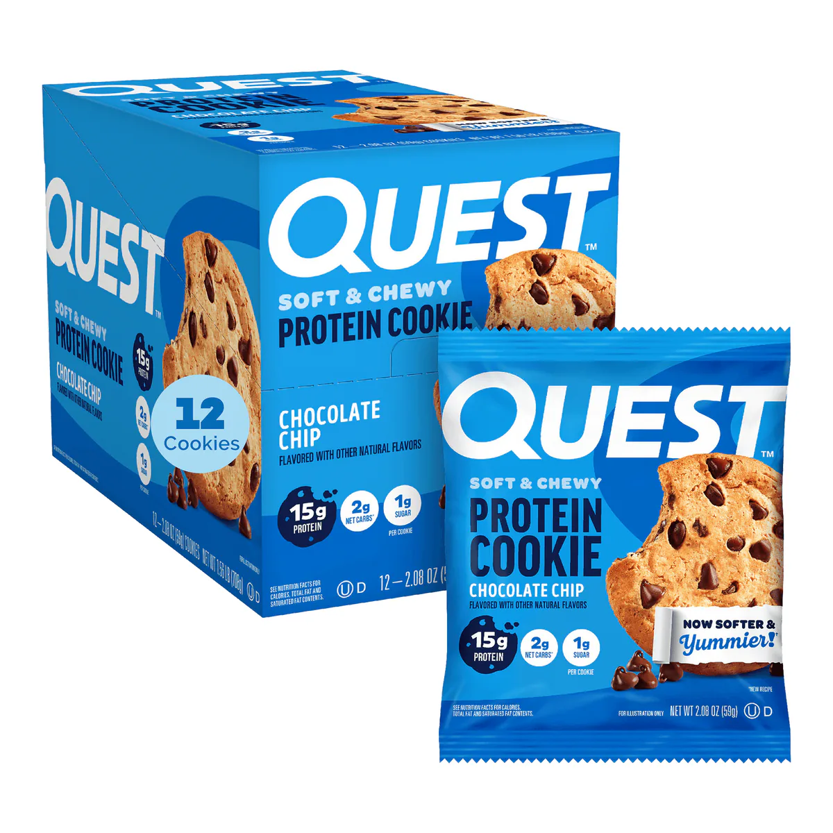 Quest Soft and Chewy chocolate chip protein cookie, 12 count box with a single wrapped cookie